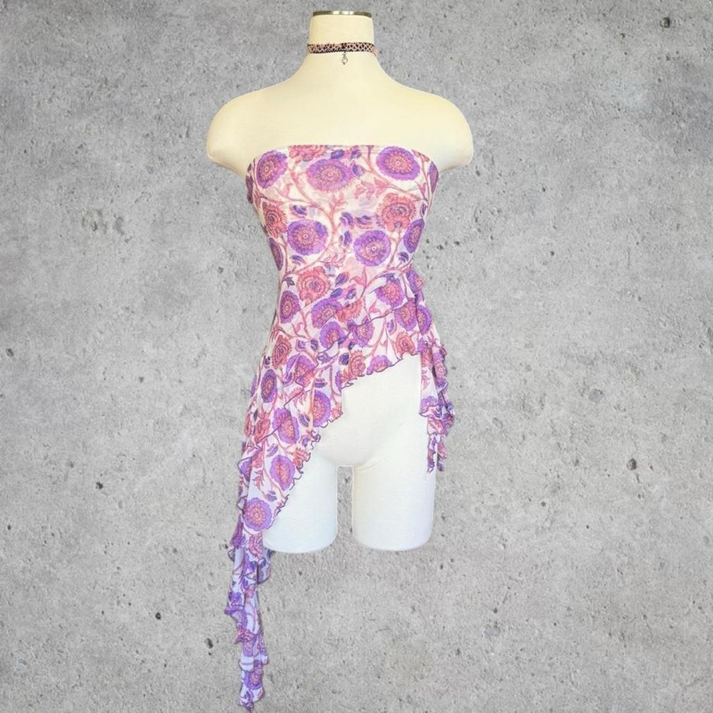 Sold Out Free People ‘Taylor’ Pink & Purple Floral Asymmetrical Hem Mesh Top- XS
